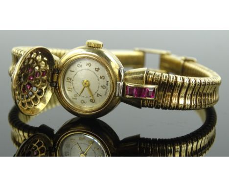 A ladies 9 ct gold cased ruby & diamond set vintage cocktail wristwatch, with sprung face cover, case width 20 mm, working or