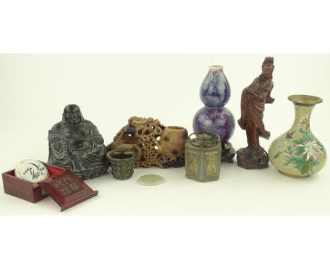 Group of Oriental items, including a mottled red blue glaze double gourd vase height 20 cm, carved soapstone Buddha, carved &