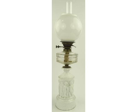 A white porcelain oil lamp & cover, blue under glaze mark, height 40 cm