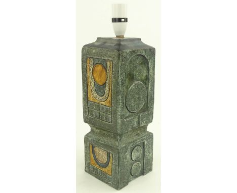 Large Troika pottery square section table lamp, relief embossed geometric designs, artists monogram EW, height excluding fitt