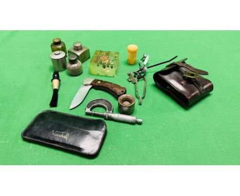 COLLECTION OF SPORTING RELATED COLLECTIBLES TO INCLUDE LEATHER RIFLE AMO CASE, No. 28 CARTRIDGE ROLLING TOOL, FOX FOLDING KNI