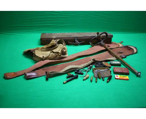 TWO CANVAS GUN SLIPS TO INCLUDE BRADY OF HALESOWEN, A QUALITY GUN SLIP ALONG WITH VINTAGE MOTORING LEATHER BOUND CASE + A CAN
