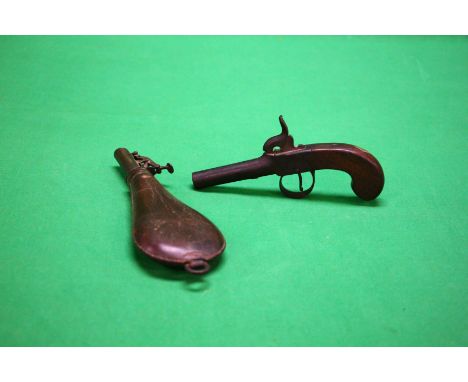 AN ANTIQUE PERCUSSION CAP WESTWOOD LONDON PISTOL AND LEATHER POWDER FLASK A/F - (COLLECTORS ITEM ONLY) - (TO BE COLLECTED IN 