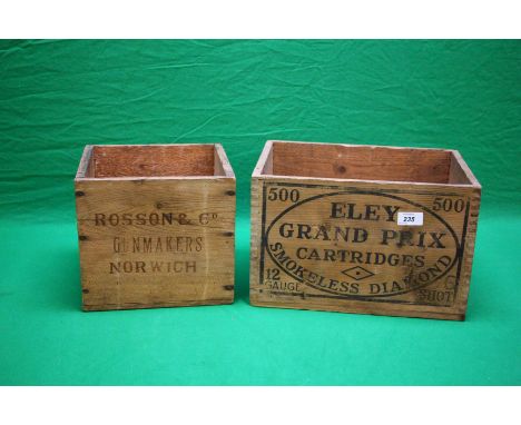 VINTAGE WOODEN "ELEY GRAND PRIX" CARTRIDGE BOX AND VINTAGE WOODEN "ROSSON &amp; CO GUNMAKERS NORWICH" CARTRIDGE BOX
