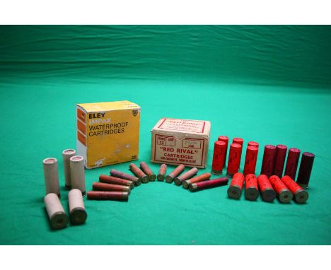 A SMALL QUANTITY OF VINTAGE SHOTGUN CARTRIDGES TO INCLUDE ANGLIA RED RIVAL 12 GAUGE, ELEY IMPAX 12 GAUGE, ELEY FOURLONG .410 