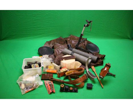 A TAN LEATHER GENTLEMANS TARGET JACKET AND BAG CONTAINING MISC TARGET SHOOTING ACC. TO INCLUDE SPOTTER SCOPE, TRIPODS, ARM RE