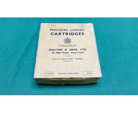 A VINTAGE GALLYON &amp; SONS CARDBOARD CARTRIDGE BOX FOR 12 BORE CARTRIDGES 