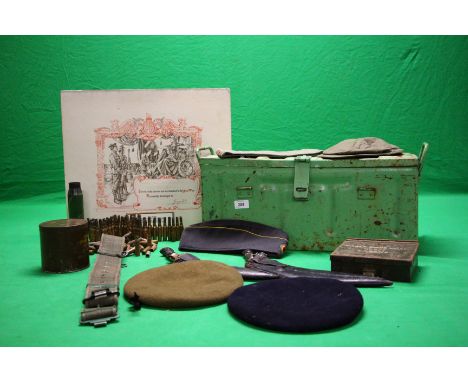 A WWII 1943 13167 BRITISH ARMY AMMO BOX, A SNAKE GENERATOR NO. 6 TIN, SPARE VALVE CASES TIN, VARIOUS 30MM CANNON SHELL CASES,