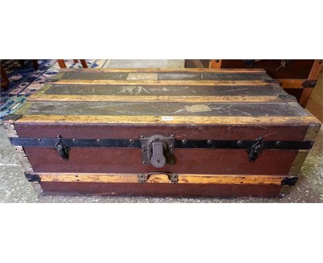 A Vintage Canvas & Oak Travel Trunk, with flat top, 30cm high.