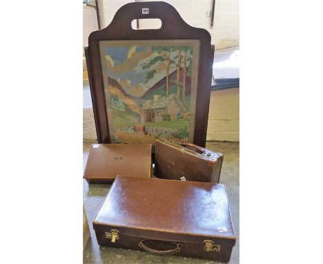 An Edwardian Woolwork Firescreen, 88cm high, also with three various attache cases, (4)