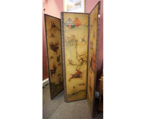 A Persian Decorated Four Fold Dressing Screen, with scenes including images of Omar Kayam, 190cm high, 200cm wide, 3cm deep