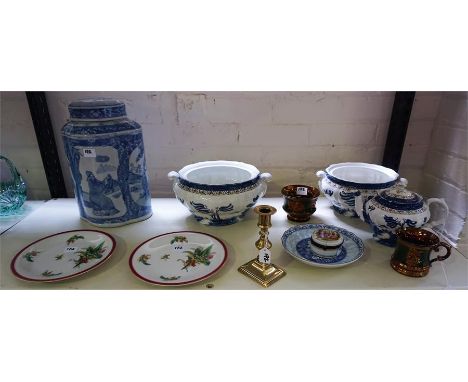 A Mixed Lot Of Victorian & Later Pottery, to include a large 20th century Chinese jar with cover, lustre bowl and mug, Willow