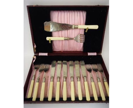 A Six Piece Silver Plated Fish Service, with servers, bone handled, in fitted case, also with a silver plated three piece tea