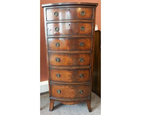 A Mahogany Six Drawer Chest Of Drawers, bow fronted, raised on bracket feet, 110cm high, 49cm wide, 45cm deep