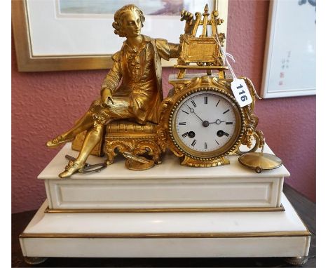 A 19th Century French Spelter Parcel Gilt & Ormolu Mantel Clock, modelled as a seated artist, the twin train movement stamped