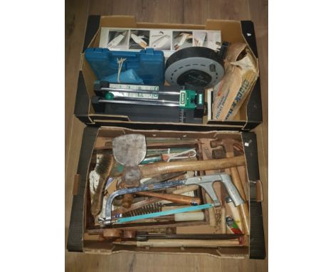 2  BOXES OF ASSORTED TOOLS INC SAWS AXES ETC