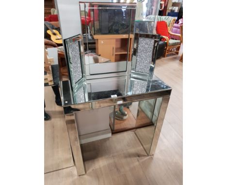 ALL GLASS CONSOLE TABLE AND THREE WAY DRESSING TABLE MIRROR