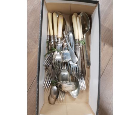 BOX OF SILVER PLATED CUTLERY AND DECANTER LABELS