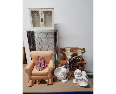JOB LOT COMPRISING OF DOLLS ARMCHAIR PAIR OF CHERUB ORNAMENTS AND CHROME WINE RACK ETC