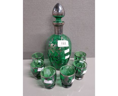SILVER OVERLAY GREEN GLASS DECANTER WITH 6 MATCHING SHOT GLASSES