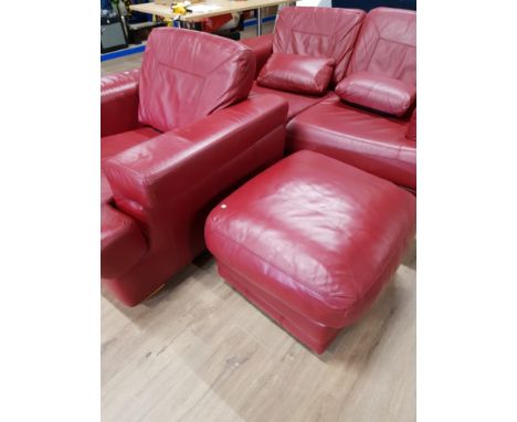 LOVELY RED LEATHER 2 SEATER SOFA CHAIR AND POUFFE