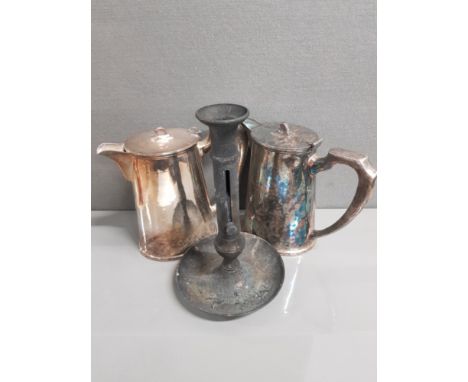 2 SHEFFIELD SILVER PLATED CARLTON COFFEE POTS AND ADJUSTABLE CANDLE STICK