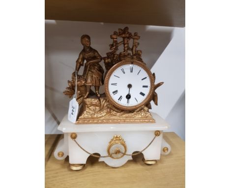 ANTIQUE GILT METAL HARVESTER GIRL FIGURE CLOCK ON MARBLE BASE SAS