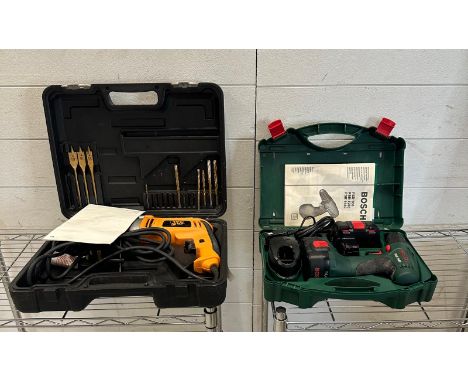 Two boxed power tools, a JCB hammer drill and a Bosch cordless drill 