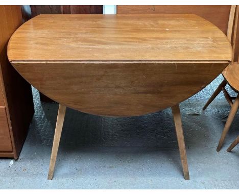 An elm and beech Ercol drop leaf table, standing on splayed legs, 71cm high, 112cm long, 121cm wide 