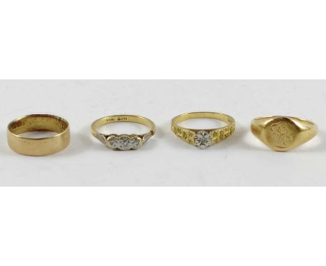 Four 18ct gold rings, to include a wedding band, signet ring, diamond three stone ring and another, 14.58g gross