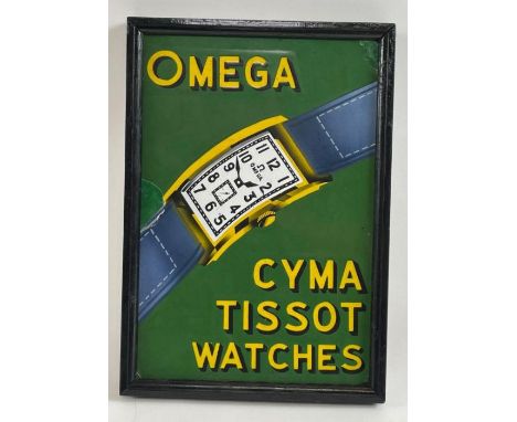 An Omega Cyma Tissot watch enamel sign, in a black frame, 37cm x 26cm wide