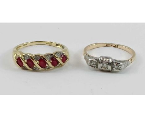 A 9ct gold ruby and diamond dress ring, finger size Q 1/2, and a diamond three stone ring, marked '9ct plat', finger size N, 