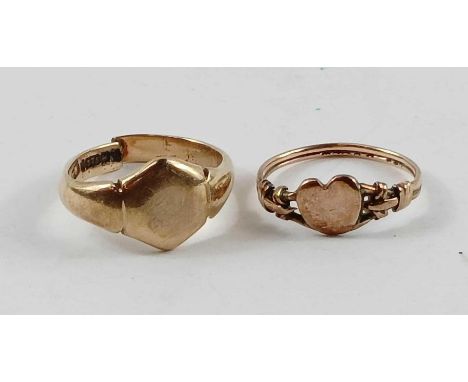 A 9ct gold signet ring, 4.38g gross and a ring with a heart shaped head, 1.45g gross, tests as 9ct gold