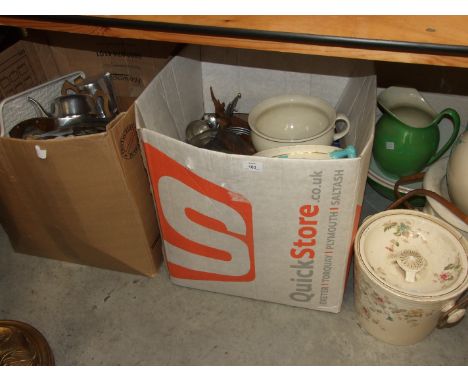 A Royal Doulton 'Seymour' pattern toilet jug, basin and chamber pot, (damages), other chamberware, ceramics and glassware.