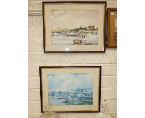 An oak case chiming mantel clock, 22cm high and two framed prints after Brian Hayes, (3).
