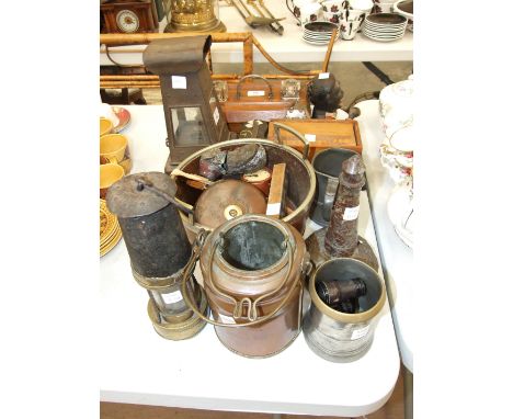 An oak pen and ink stand, a coopered oak plated and mounted shallow bucket, a serpentine lighthouse, two miner's lamps, etc.