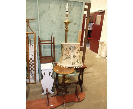 A gilt wood standard lamp with turned and reeded column on circular base, a stained wood organ stool and other items.