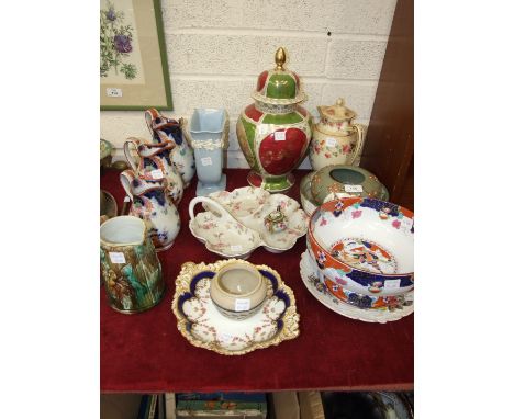 A graduated set of three ceramic jugs decorated with flowers, (1 a/f) and other ceramics including vases, bowls, figure ornam