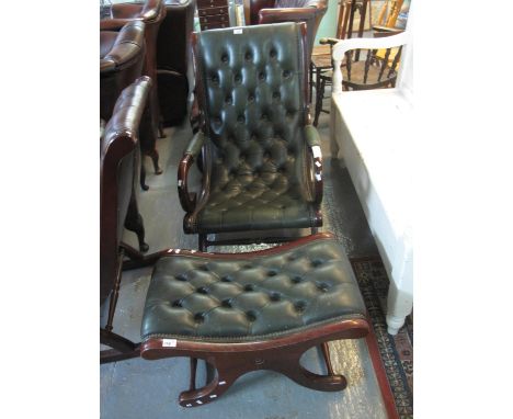 Victorian style mahogany framed green leather button back armchair with matching footstool.(B.P. 24% incl. VAT) 