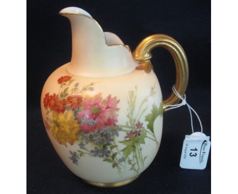 Royal Worcester porcelain blush ivory ewer type single handled jug with painted flowers, puce printed marks to base, shape no