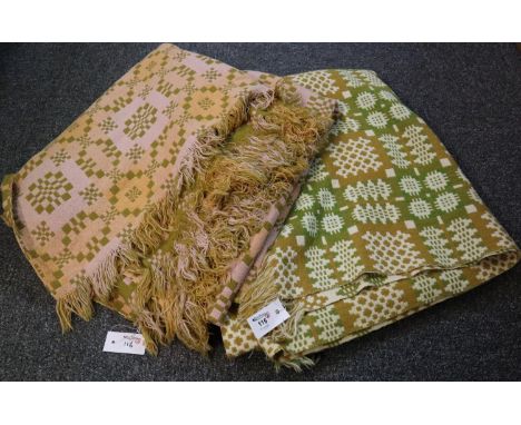 Two vintage woollen Welsh tapestry blankets; one green and brown ground and the other pink ground. (2)(B.P. 24% incl. VAT) 