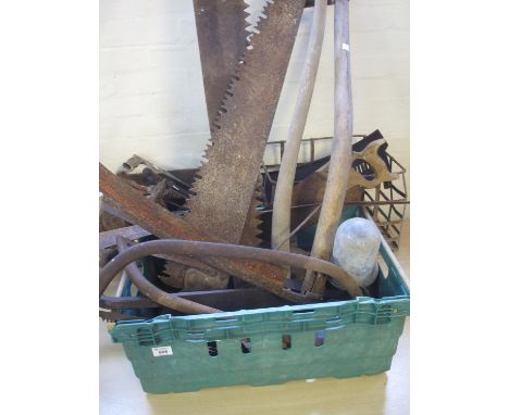 Collection of vintage and other tools, various to include; saws, scythes, vintage box marked Worcester, metal milk or wine cr