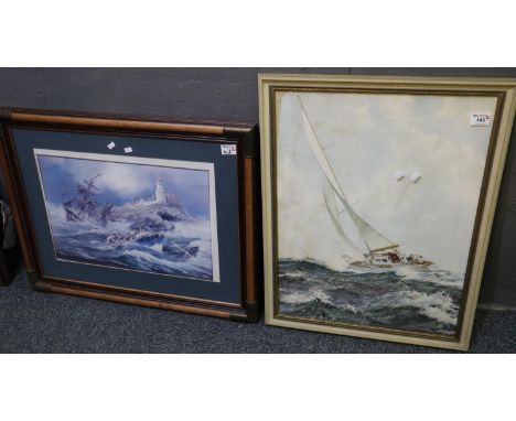 After Montague Dawson, sailing yachts in heavy seas, coloured print. Framed and glazed, 64 x 47cm approx. Together with after