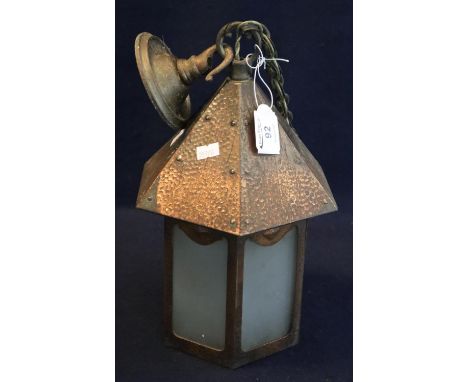 Arts and Crafts style beaten copper hanging lantern ceiling light shade, with frosted glass panels. (B.P. 24% incl. VAT) 