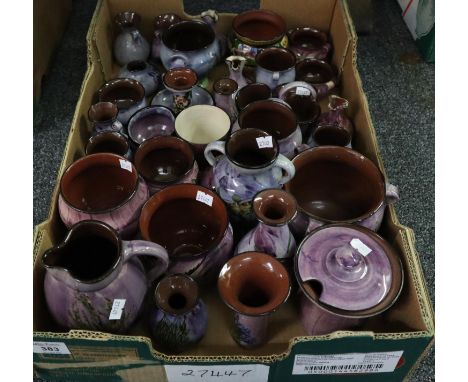 Tray of Torquay pottery Lemon and Crute design mainly purple ground floral items, vases, jugs, chamber stick etc. (B.P. 24% i