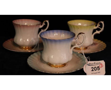 Set of three Royal Albert bone china 'Rainbow' cabinet cups and saucers. (B.P. 24% incl. VAT) 