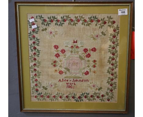 19th Century tapestry sampler by Alice Johnson dated 1852. 38 x 39cm approx. (B.P. 24% incl. VAT) 