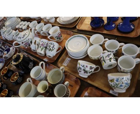Three trays of Portmeirion pottery Botanic Garden design items, various to include; mugs and saucers, baluster jugs, teapots,