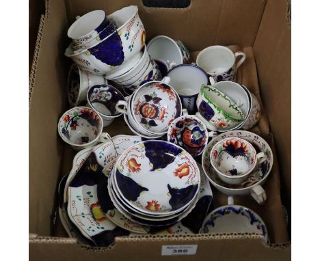 Box of mainly 19th Century Gaudy Welsh design items, cabinet cups and saucers, plates etc, some in the tulip design.(B.P. 24%