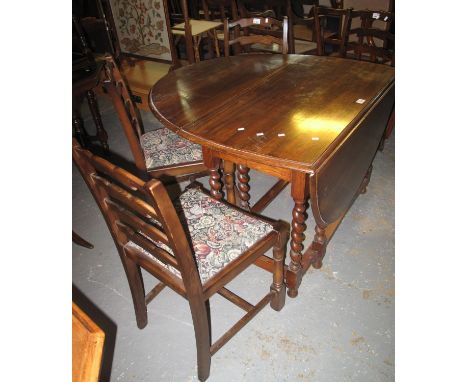 Early 20th Century oak barley twist gate leg table, together with a set of four mid Century ladder back dining chairs. (5)(B.